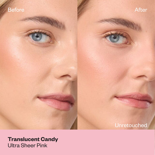 "Before" and "After" side-by-side comparison of a model using "Translucent Candy Ultra Sheer Pink" loose powder to achieve a smooth, blurred finish.